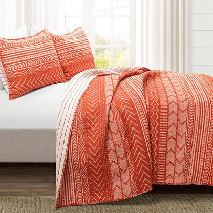 Lush Decor Hygge Geo Pattern Striped 3 Piece Quilt Bedding Set, Full/Queen, Burnt Orange