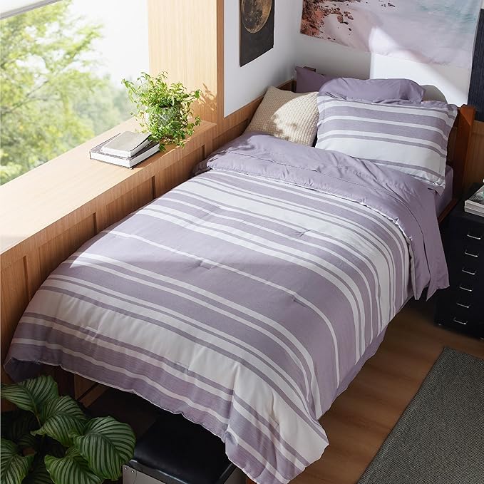 Bedsure Twin XL Comforter Set 5 Pieces, Purple Striped Bedding Set for All Seasons, Reversible, Cationic Dyeing Bed in a Bag with Comforter, Sheets, Pillowcase & Sham