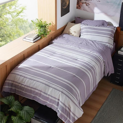 Bedsure Twin XL Comforter Set 5 Pieces, Purple Striped Bedding Set for All Seasons, Reversible, Cationic Dyeing Bed in a Bag with Comforter, Sheets, Pillowcase & Sham