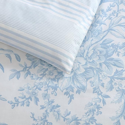 Laura Ashley - Queen Comforter Set, Soft & Reversible Cotton Floral Bedding with a Medium Weight Feel, 3 Piece Bed Set with Matching Pillowcases (Bedford Blue)