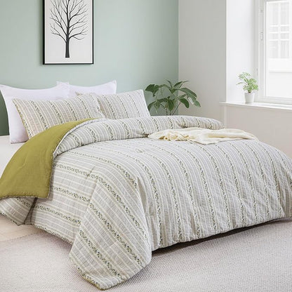 100% Cotton Jacquard Comforter Set, Striped Floral Print, Soft Lightweight Reversible 3 Piece Bedding Sets for All Season, King(104"x90")