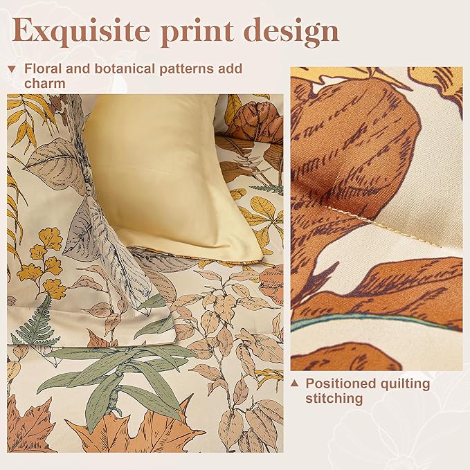 Queen Comforter Set - 3 Pieces Botanical Bedding Comforter Set, 1 Soft Orange Fall Plant Flowers Comforter (90"x90") and 2 Pillow Shams(20"x26") Ultra-Soft Comfort Suitable for All Seasons
