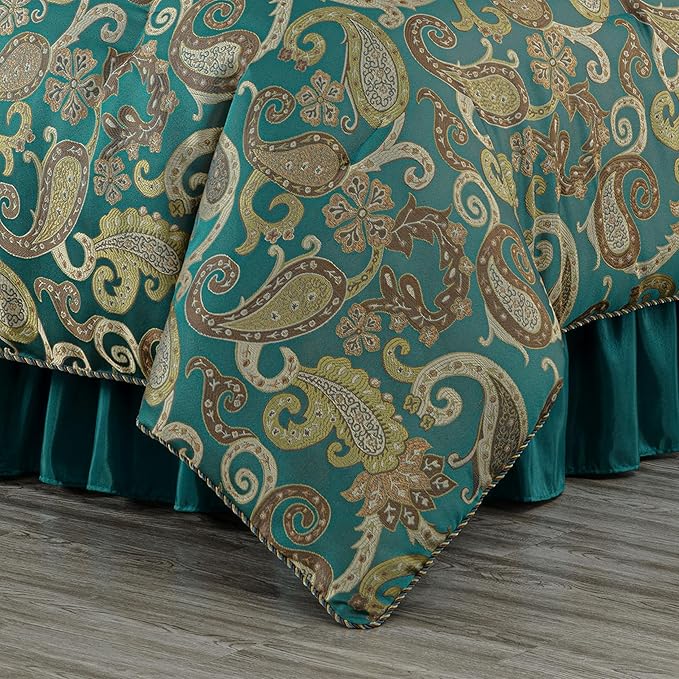 Chezmoi Collection Adelle 7-Piece Paisley Jacquard Embroidered Comforter Bedding Set, Queen, Teal