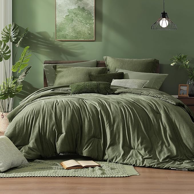 Monbix Oversized King Comforter Set - 7 Pieces Cationic Dyeing Olive Green Bed in a Bag Bed Sets with Comforter, Sheets, Pillowcases & Shams, Reversible Bedding Comforters Sets (120 * 98)