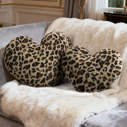 AELS Cheetah Heart Shaped Pillow Set of 2, 20 & 16 Inches Decorative Leopard Print Love Pillows, Soft Fluffy Plush, Valentine's Day, Wedding, Living Room, Bedroom & Nursery Decor, Brown