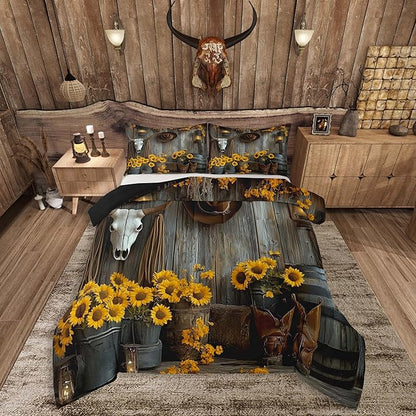 Feelyou Brown Western Aztec Comforter Set Toddler Size Kids Bull Skull Duvet Quilt for Boys Girls Teens Wild Cowboy Boots Farmhouse Rustic Sunflower Bedding Set Soft Room Decor 2Pcs