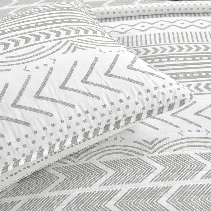 Lush Decor Hygge Geo Pattern Striped 3 Piece Quilt Bedding Set, King, Gray & White