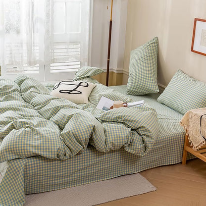HighBuy Green Gingham Comforter Set Queen Blue Grid Plaid Comforter with 2 Pillowcases,Fluffy Lightweight Checkered Printed Gingham Comforter Set Geometric Checkered Plaid Bedding Set