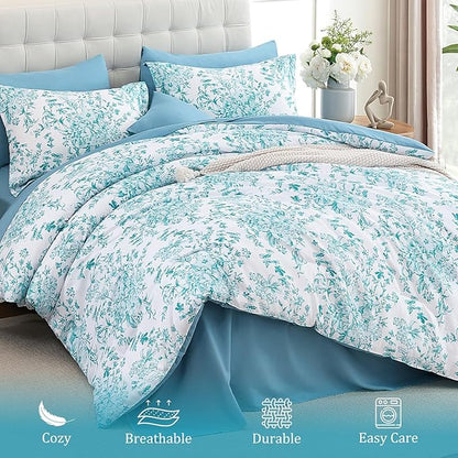 WONGS BEDDING Queen Size Comforter Set, 8 Pieces Teal Floral Bed in a Bag Comferter Sets, Botanical Print Soft Fluffy Microfiber Complete Bedding Sets for All Season (90"x90")