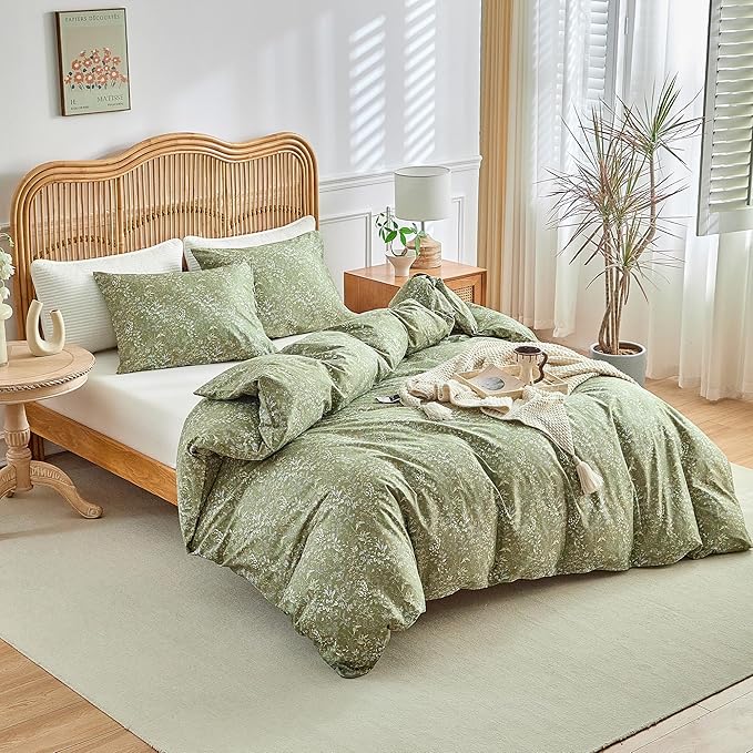 Full Size Bedding Comforter Sets (1 Comforter + 2 Pillowcases) for Bedroom Boho Premium Microfiber 3 Pieces Comforter Set Washable for All Ages, Army Green, 80''x90''