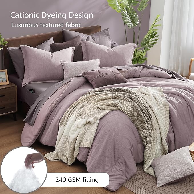 Monbix Queen Comforter Set - 7 Pieces Cationic Dyeing Lilac Bed in a Bag Queen Bedding Sets with Comforter, Sheets, Pillowcases & Shams, Reversible Bedding Comforters Sets