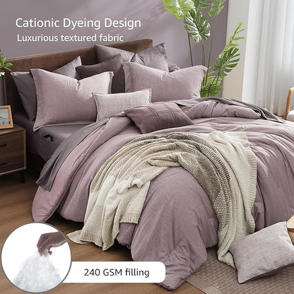 Monbix Queen Comforter Set - 7 Pieces Cationic Dyeing Lilac Bed in a Bag Queen Bedding Sets with Comforter, Sheets, Pillowcases & Shams, Reversible Bedding Comforters Sets