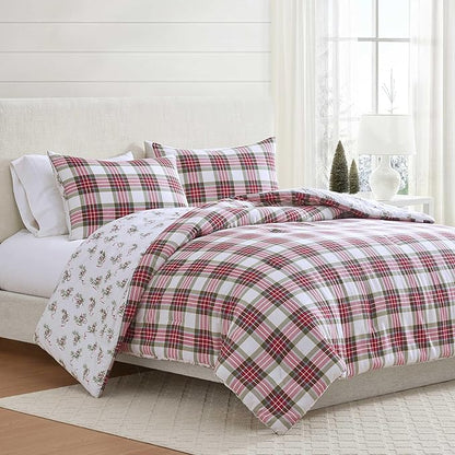 Martha Stewart - King Bedding Comforter Sets, Wonderfully Plush & Naturally Soft Cotton Flannel Bedding w/Matching Pillowcases, 3 Piece Bed Sets (Yuletide Spruce Plaid/Holiday Ribbons Red)