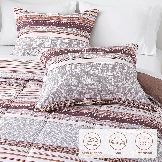 Striped King Comforter Set with Sheets, 7 Piece Luxury Vintage Bedding, Soft Microfiber Bed in a Bag, Cozy Lightweight Bed Set, Chocolate Brown Striped