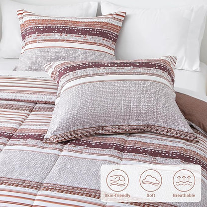 Striped King Comforter Set with Sheets, 7 Piece Luxury Vintage Bedding, Soft Microfiber Bed in a Bag, Cozy Lightweight Bed Set, Chocolate Brown Striped