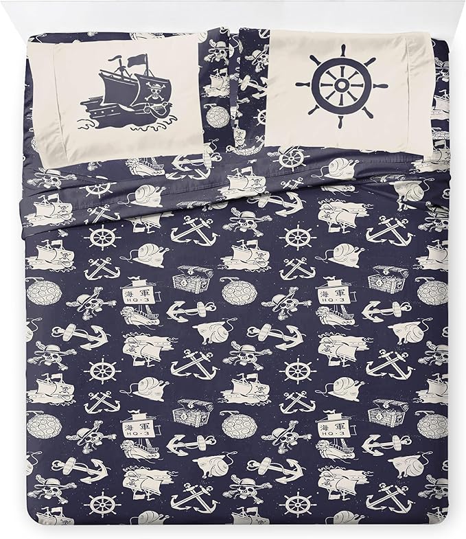 Jay Franco One Piece Queen Size Comforter Set - 7 Piece Blue Bedding Includes Sheet Set & Pillow Covers - Super Soft Anime Bedding with Skull and Bones