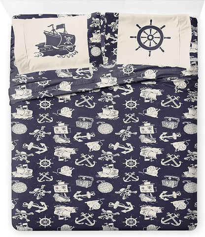 Jay Franco One Piece Queen Size Comforter Set - 7 Piece Blue Bedding Includes Sheet Set & Pillow Covers - Super Soft Anime Bedding with Skull and Bones