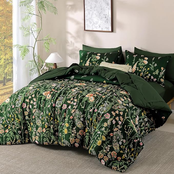Yiran Dark Green Floral Comforter Set Queen Size, 7 Piece Botanical Flowers Comforter Bedding Set, Bed in a Bag Queen, Soft Microfiber Complete Bedding Set with Sheets for All Season