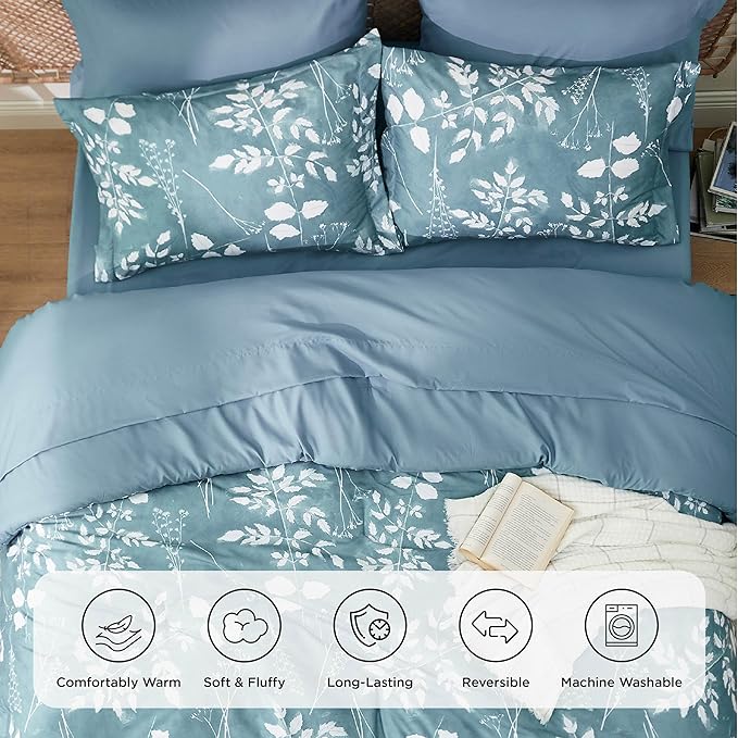 Bedsure Twin Comforter Set - 5 Pieces Floral Mineral Blue Soft Bedding Sets, Twin Bed in a Bag with Botanical Flowers Comforter, Sheets, Pillowcase & Sham