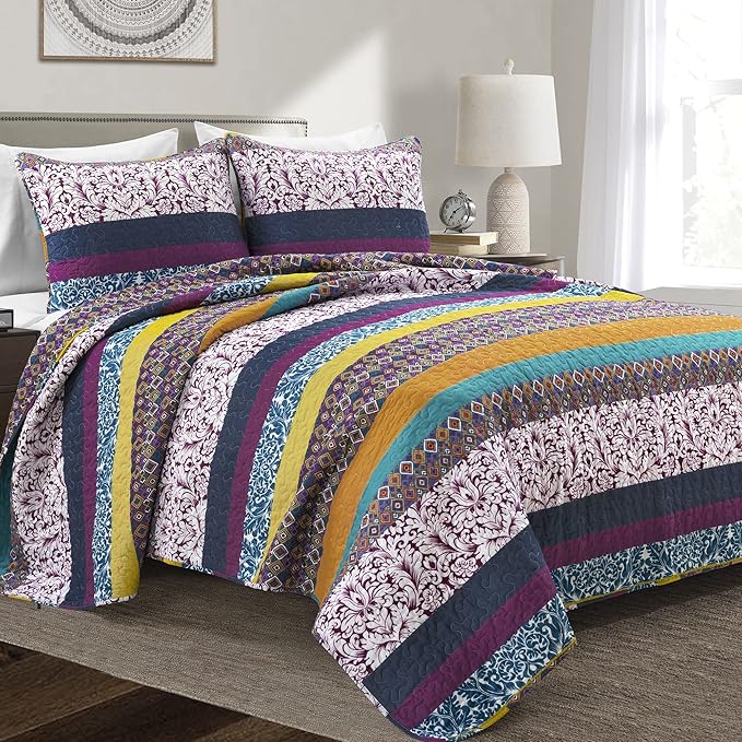 Lush Decor Boho Stripe Reversible Cotton Quilt 3-Piece Set, King, Plum & Yellow - Bold Colorful Bohemian Bedding Set