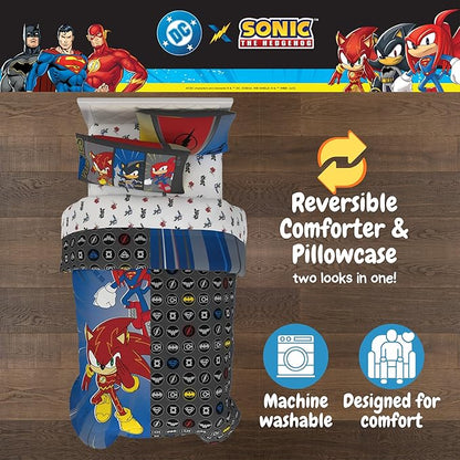 DC x Sonic The Hedgehog Kids Bedding Set, Twin Size, 4-Piece Super Soft Cozy Reversible Comforter & Sheet Set (Officially Licensed Product) by Franco | Durable, Reversible, Officially Licensed