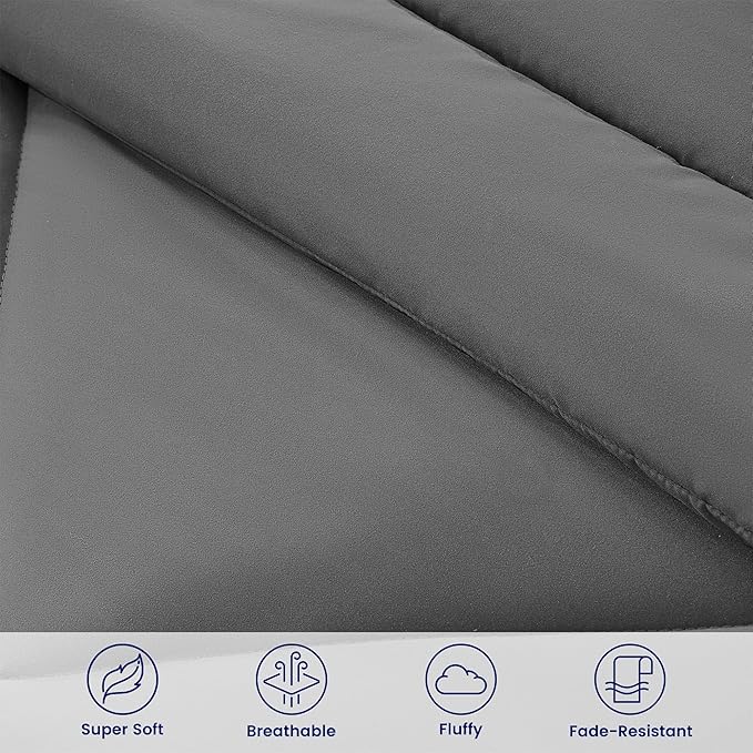 SLEEP ZONE Twin Comforter Set, 7 Pieces Comforter Bed in A Bag, Solid Color All Season Soft Down Alternative Comforter & Luxurious Microfiber Bed Sheets (Grey Square, Twin)