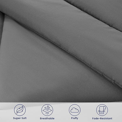 SLEEP ZONE Twin Comforter Set, 7 Pieces Comforter Bed in A Bag, Solid Color All Season Soft Down Alternative Comforter & Luxurious Microfiber Bed Sheets (Grey Square, Twin)
