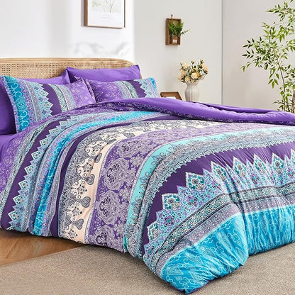 Boho Comforter Set Queen - 7 Pieces Bed in a Bag, Bohemian Striped Comforter Set with Sheets, Soft Microfiber Purple Floral Bedding Set for All Season
