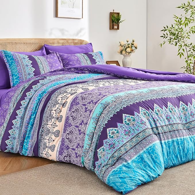 Boho Comforter Set King Size Purple - 7 Pieces Bohemian Floral Striped Comforter and Sheet Set, Lightweight Bed in a Bag Complete Bedding Sets King Size for All Season (Purple,King)