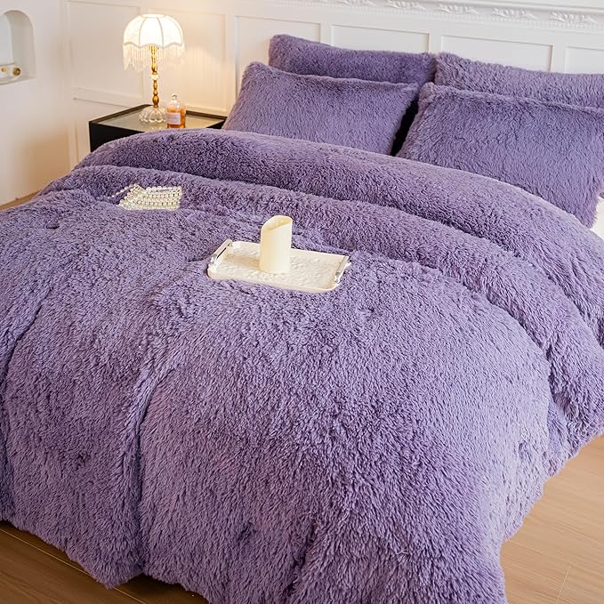 chovy Faux Fur Plush Purple Comforter Sets Twin/Full Size - Ultra Soft Shaggy Flannel Velvet Fluffy Fuzzy 3PC Bedding Set (Comforter x 1 Pillowcases x 2)