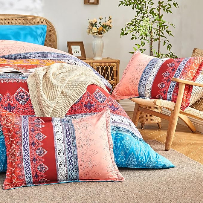 Boho Comforter Set Queen - 7 Pieces Bed in a Bag, Bohemian Striped Comforter Set with Sheets, Soft Microfiber Colorful Floral Bedding Set for All Season
