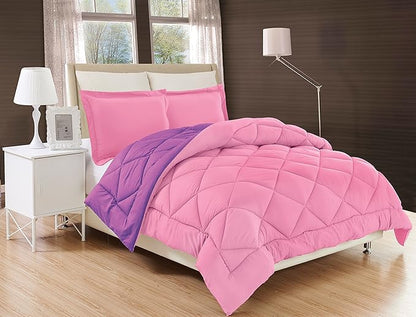 Elegant Comfort Goose Down Alternative -Diamond-Stitched- Quilted 2-Piece Reversible Comforter Set/Duvet Insert Soft Bedding-Medium Warmth for All Seasons, Twin/Twin XL, Pink/Purple