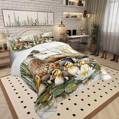 Manfei Animals Duck King Bedding Set,Kawaii Duck Family Comforter Set Reversible Bed Set KidsBedroom Decor,Natural Flowers Leaves 3 Pieces Quilt Set,Farmhouse Wooden Cabin Duvet Insert,2 Pillow Cases