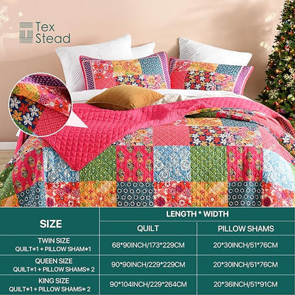King Quilt Set for Bed - 100% Cotton Quilts Patchwork Comforter Coverlet Bedspread Reversible 90"x104" with 2 Pillow Shams