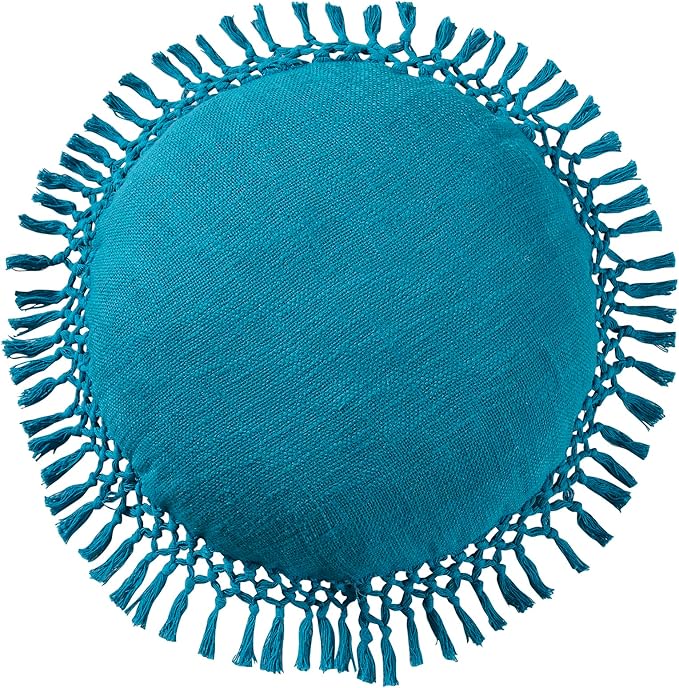 Indigo Ink - Decorative Throw Pillows for Couch or Bed, Boho Home Décor Round Cotton 20" x 20" Pillow with Tassels (Tufted Medallion Collection, Teal Blue)