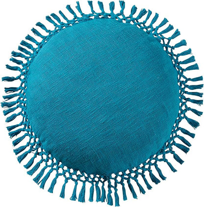 Indigo Ink - Decorative Throw Pillows for Couch or Bed, Boho Home Décor Round Cotton 20" x 20" Pillow with Tassels (Tufted Medallion Collection, Teal Blue)