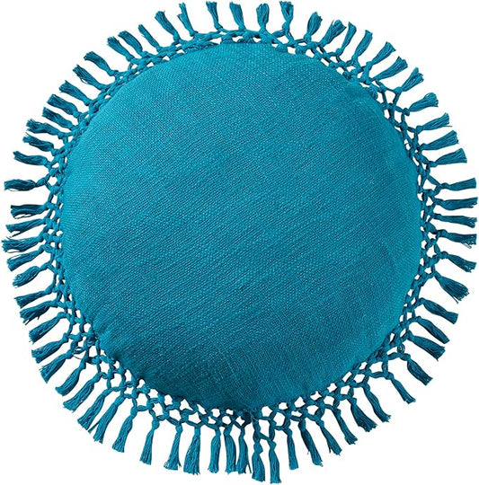 Indigo Ink - Decorative Throw Pillows for Couch or Bed, Boho Home Décor Round Cotton 20" x 20" Pillow with Tassels (Tufted Medallion Collection, Teal Blue)
