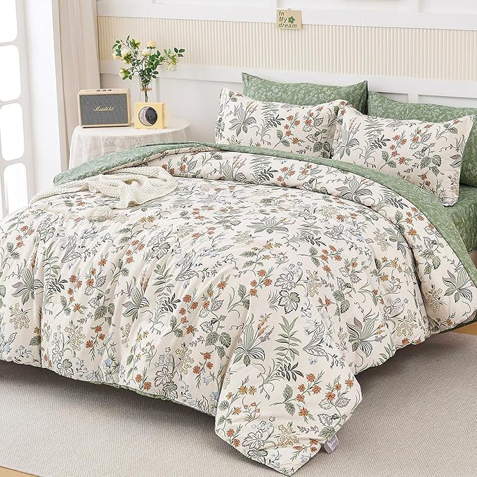 WONGS BEDDING Floral Comforter Set King Size,7 Pieces Bed in a Bag Flower Bedding Sets Botanical Microfiber Comforter Soft Loghtweight Bed Set with Sheet,Pillowcases&Shams