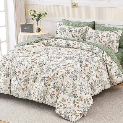WONGS BEDDING Floral Comforter Set King Size,7 Pieces Bed in a Bag Flower Bedding Sets Botanical Microfiber Comforter Soft Loghtweight Bed Set with Sheet,Pillowcases&Shams