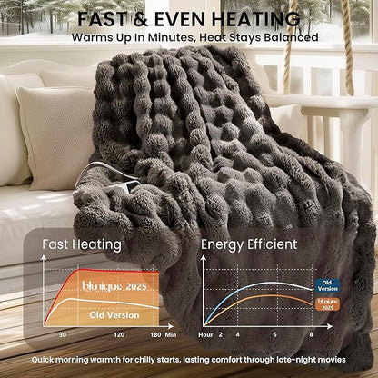 Electric Heated Blanket for Girls & Women, Soft & Luxurious, Faux Rabbit Fur Heating Throw Blankets, 6 Heat Settings, Overheat Protection, Quick Heating, Memory Function, Gift-Ready Design, 50"x60"