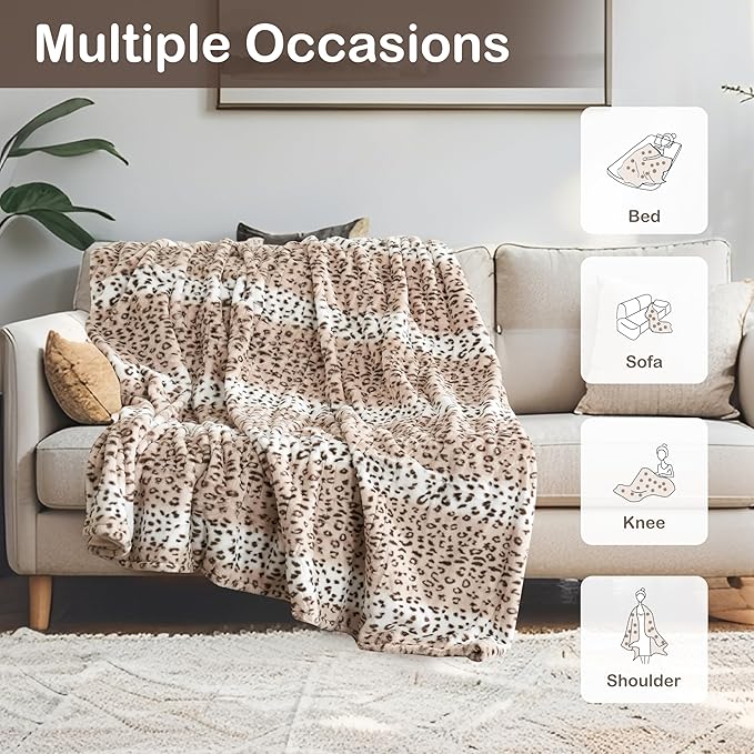 Electric Heated Blanket Throw Size 50"x60", Fast Heating Throw, Soft Microplush for Sofa & Office,6 Heating Levels & 1-10 Hours Auto Off, Machine Washable, Gifts for Family-Leopard Print, Beige