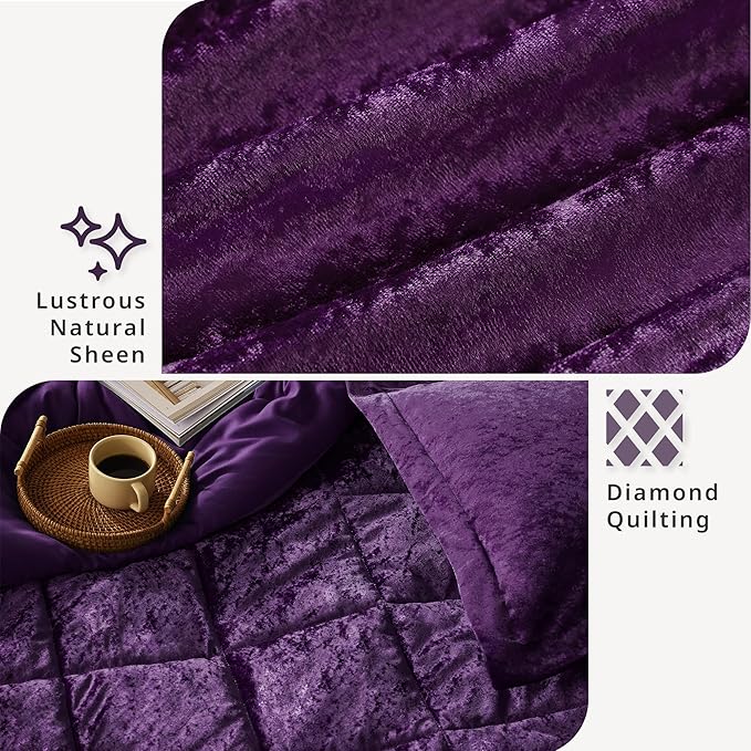 Intelligent Design King Comforter Set, Velvet Comforter Set , Luxury Diamond Quilting Comforter Set, Fluffy Comforter Bed Set with Decorative Pillowand 2 Shams, 4 Piece Purple, King/ Cal King