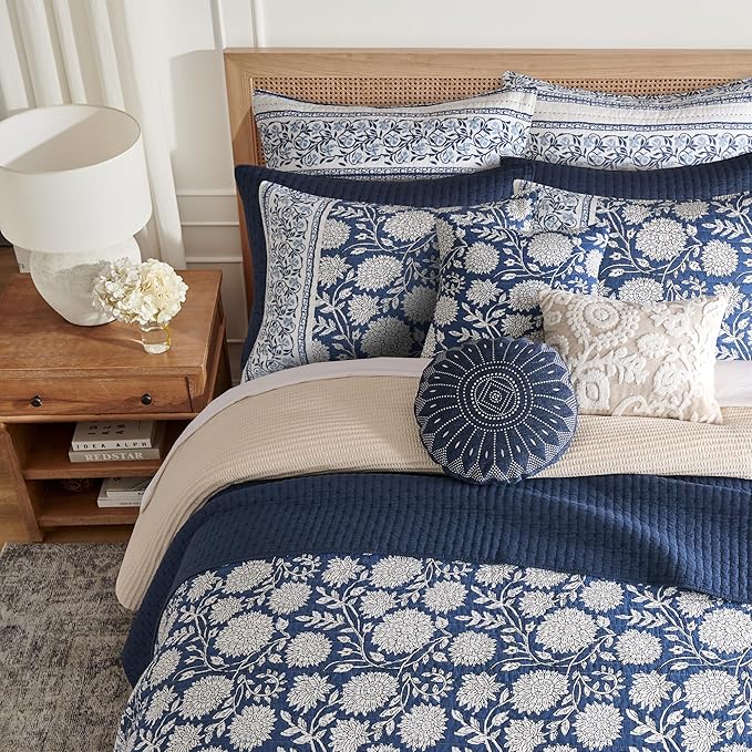 Levtex Home - Adare Denim Quilted Pillow - Decorative Pillow (18x18in.) - Floral - Blue White