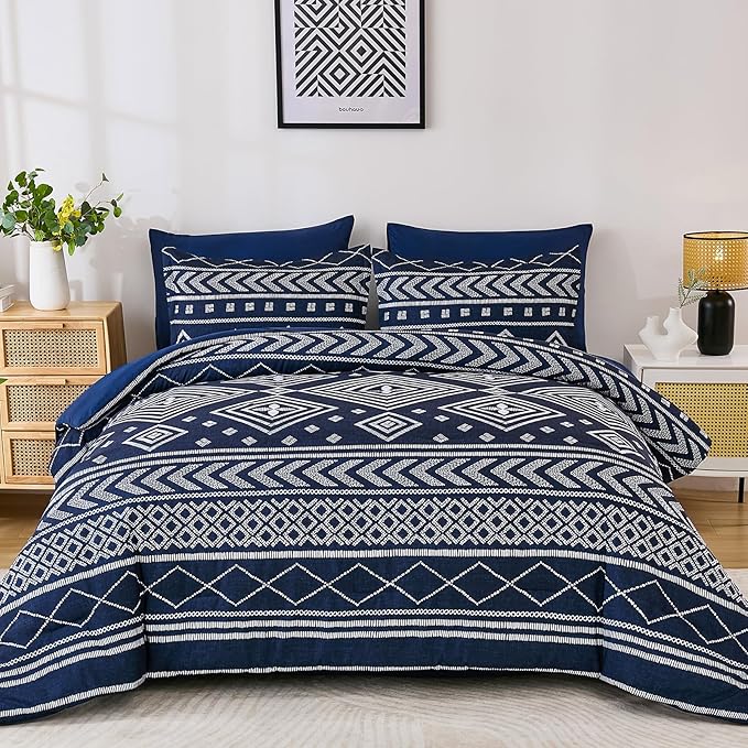 Yiran Navy Blue Comforter Set Queen Size, 7 Piece Boho Striped Bedding Set, Geometric Bed in a Bag Queen, Soft Microfiber Bohemian Complete Bedding Set with Sheets for All Season