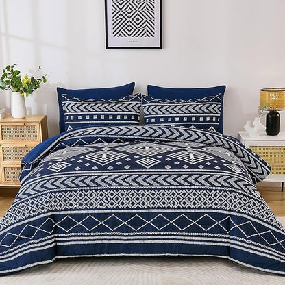 Yiran Navy Blue King Comforter Set, 7 Piece Boho Striped Bedding Set, Geometric Bed in a Bag King, Soft Microfiber Bohemian Complete Bedding Set with Sheets for All Season