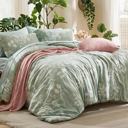 Bedsure Full Size Comforter Set - 7 Pieces Floral Sage Green Soft Bedding Sets, Full Bed in a Bag with Botanical Flowers Comforter, Sheets, Pillowcases & Shams