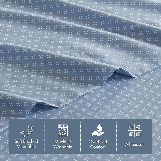 Madison Park Essentials Queen Comforter Set with Sheets, Floral Bed in A Bag Microfiber Comforter for Queen-Size Bed, Shabby Chic Queen Bedding Set Diamond Printed Sheet, Luna, Queen, Blue 7 Piece
