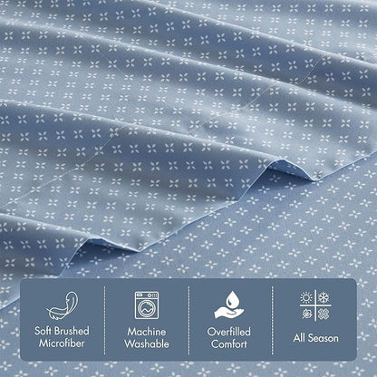 Madison Park Essentials Cal King Comforter Set & Sheets, Floral Bed in A Bag Microfiber Comforter for Cal King-Size Bed, Shabby Chic Cal King Bedding Diamond Print Sheet, Luna, Cal King, Blue 7 Piece