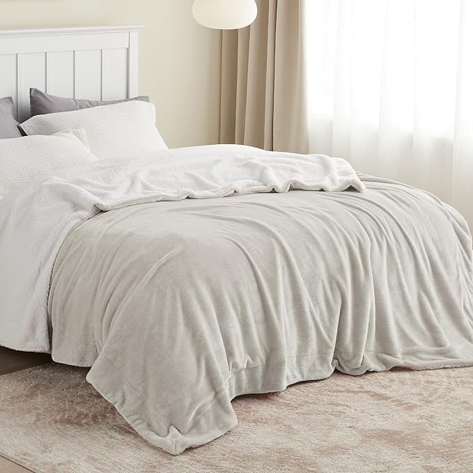 Bedsure GentleSoft Sherpa Fleece Blankets King Size for Bed - Thick and Warm Throw for Women and Men, Soft Fuzzy Plush King Blanket for Winter, Non-Heated, Linen, 108x90 Inches