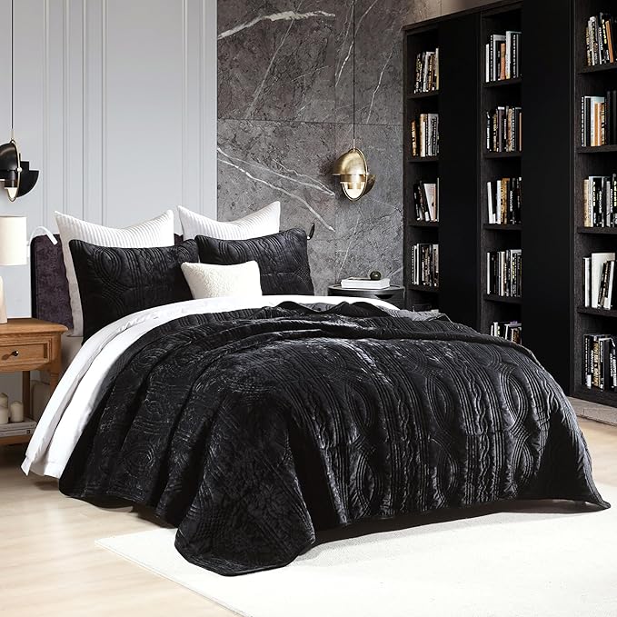 Homzard Velvet Quilt Set King Size, Black Velvet Comforter Set, Bedspread Coverlet Quilted Bedding Set, for All Season